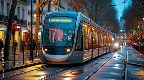 In Paris, France, the modern city tram serves as a crucial part of public transportation photo