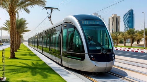 The new modern tram in Dubai, United Arab Emirates, represents the city's commitment to innovative public transportation photo