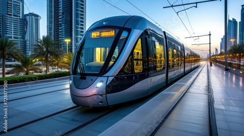 The new modern tram in Dubai, United Arab Emirates, represents the city's commitment to innovative public transportation photo