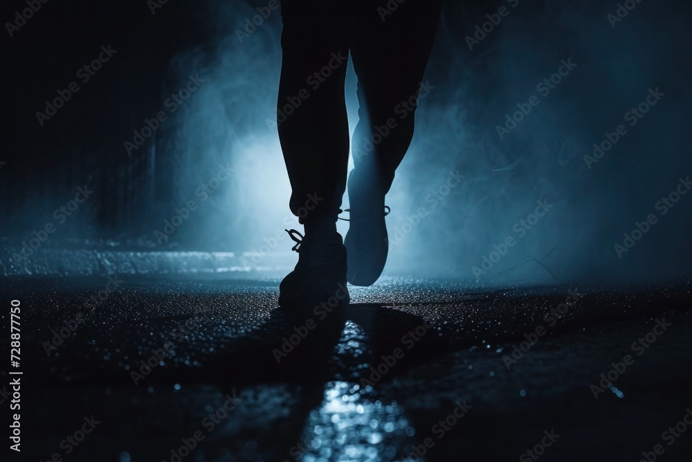 The shadow of a fitness enthusiast is cast on the pavement as he continues his nightly training routine, silhouette of a running  person in the night