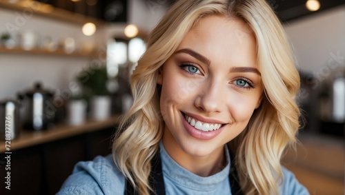 Close-up selfie of a young, attractive blonde barista smiling at the camera, with a coffee shop background, showcasing her blue eyes and warm smile.