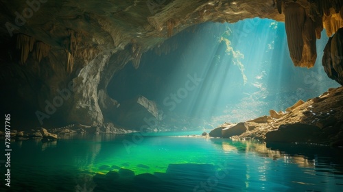 Beautiful cave with a small lake in the background and a ray of sunlight entering with good lighting in high resolution and high quality. historical natural cave concept