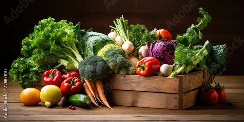 Organic vegetables placed in wooden crate on table.