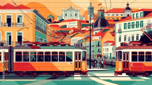 A vintage travel vector illustration showcasing Portugal's Lisbon, featuring abstract shapes of landmarks, streets, and trams, encapsulating the city's charm in a retro poster design