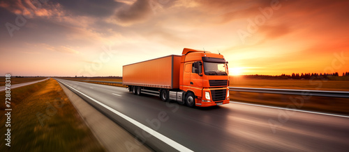 loaded european truck on a highway at sunset - truck cargo transportation concept