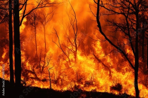 Forest fire, clouds of fire, burning trees.