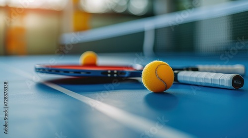 In an indoor sport activity scene, rackets and a ball rest on a blue tennis table, encapsulating the essence of the sport