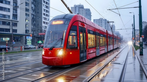 In the heart of Katowice, Poland, a sleek red modern tram glides along the city's streets, showcasing its efficient urban transportation system