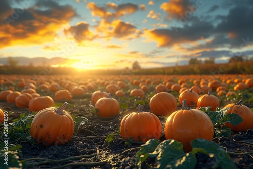 As the sun sets on a field of pumpkins, their vibrant orange hues glow against the natural backdrop of a cloudy sky, creating a peaceful and idyllic scene of autumnal beauty