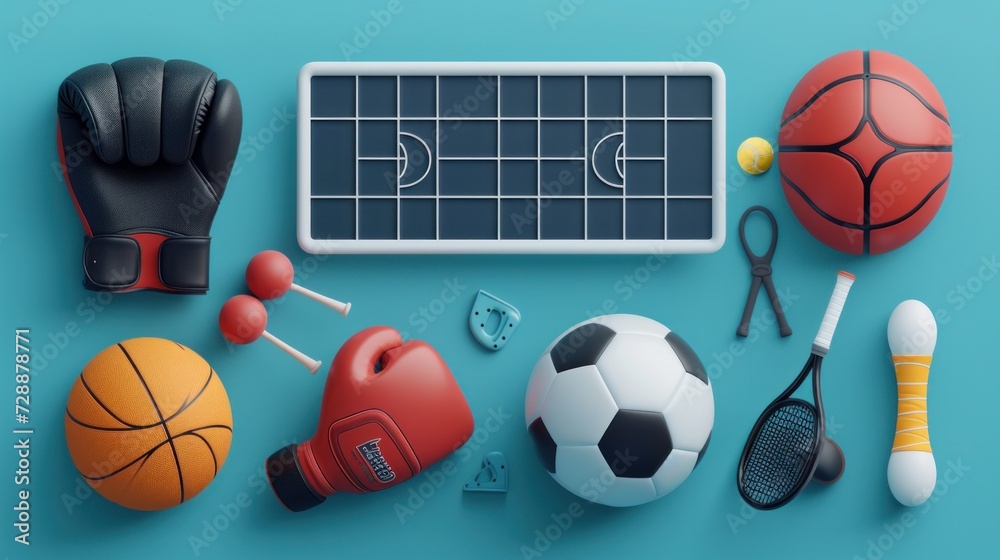A 3D vector icon set representing various sports equipment, including a basketball backboard, soccer shoes, boxing gloves, American football, table tennis racket, badminton, tennis, and baseball