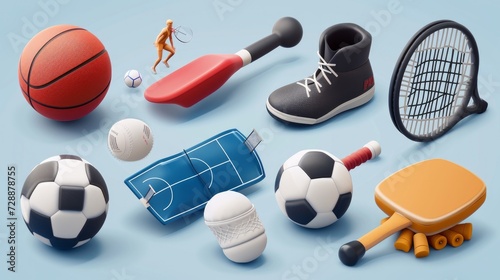 A 3D vector icon set representing various sports equipment, including a basketball backboard, soccer shoes, boxing gloves, American football, table tennis racket, badminton, tennis, and baseball