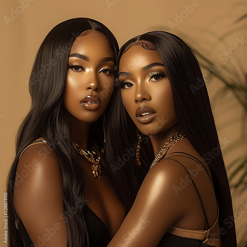 Two beautiful black women with hair extensions. African American Hairstyles. Hair Salon, Wavy, Curly Hair. Salon Photography.