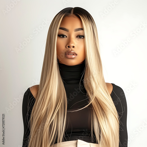 A beautiful black woman with blonde hair extensions. Afro American girl. Beauty skin female face. Hair Salon, Straight Hair. Salon Photography.