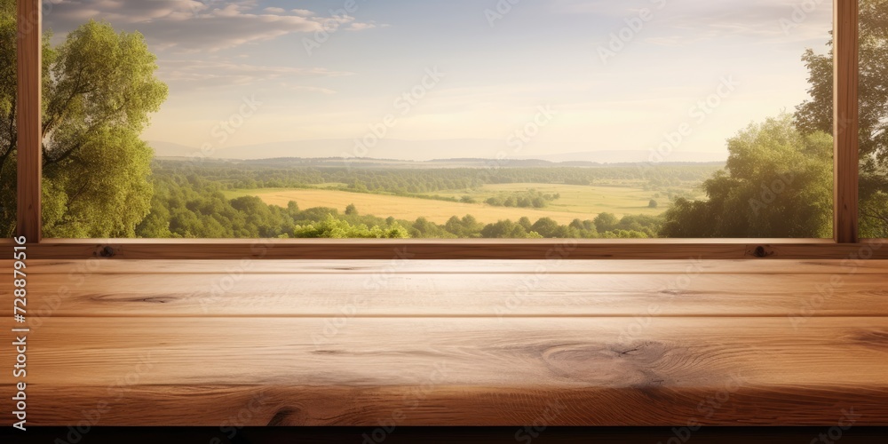 Obraz premium Wooden table with window backdrop for showcasing products.