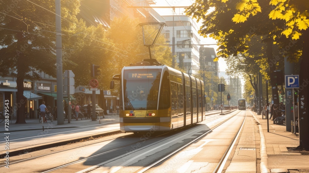 In the city center, a tram traverses the urban landscape, symbolizing