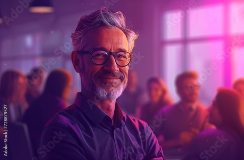 A stylishly dressed man with a warm smile and glasses stands confidently against a vibrant purple wall, exuding a sense of intelligence and charm photo