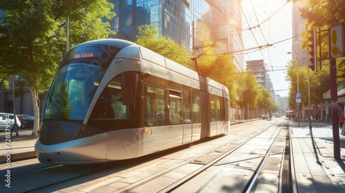 In the city center, a tram traverses the urban landscape, symbolizing efficient public transportation against a backdrop of modern buildings. The sunny day enhances the vibrancy of the town