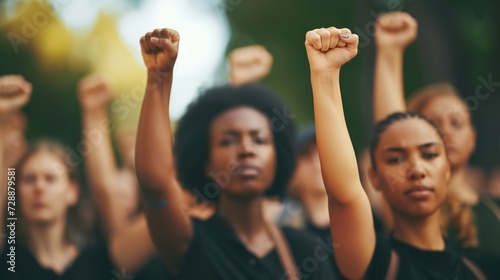 Female fists raised in the air symbolize a powerful expression of struggle and resistance for women's rights. Concept of union strike or labor movement. Collective empowerment.