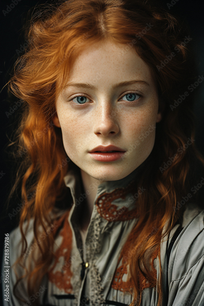Fototapeta premium AI-Generated Stunning Portrait of a Beautiful Red-Haired Young Woman