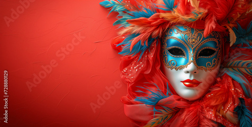 Intricate Venetian mask adorned with feathers on a textured red background. Carnival in Italy in Venice. Background with empty space for text.