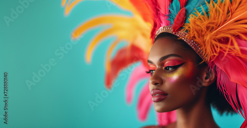 Close-up of a woman with colorful feather headdress and vibrant makeup on teal background. Stylish fashionable lady at the carnival holiday photo