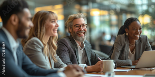 Diverse group of happy business professionals in a meeting at a bright modern office. Business meeting, discussion at the table