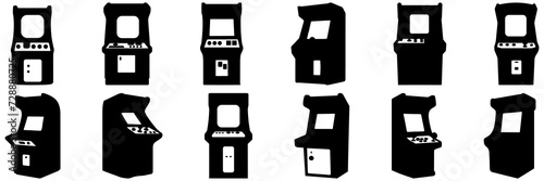 Arcade machine 80s game silhouettes set, large pack of vector silhouette design, isolated white background.