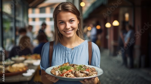 Beautiful woman with a model-like appearance trying traditional dishes in Stockholm.