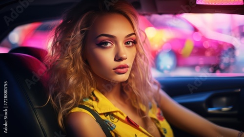 Beautiful young woman in a taxi.
