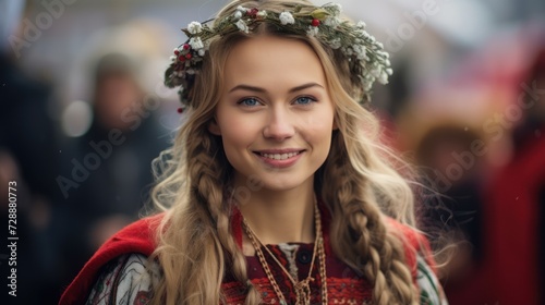 Beautiful woman with a model-like appearance participating in Nordic folklore festivities.