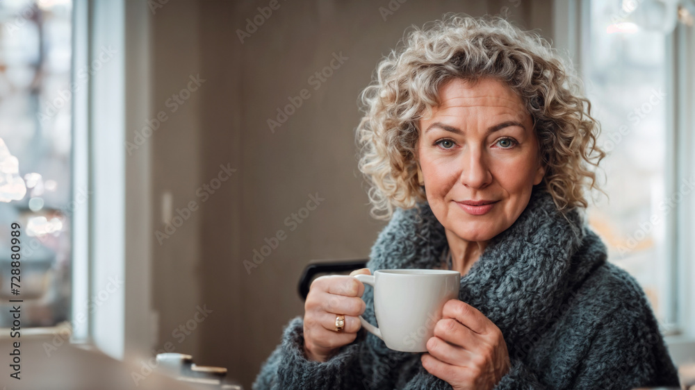 Senior woman, bundled up in a wool sweater, drinking a cup of hot coffee on a cold morning. AI Generated. Senior woman, bundled up in a wool sweater, drinking a cup of hot coffee on a cold morning. AI Generated.