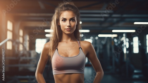 Very Beautiful young slim woman in a bright gym