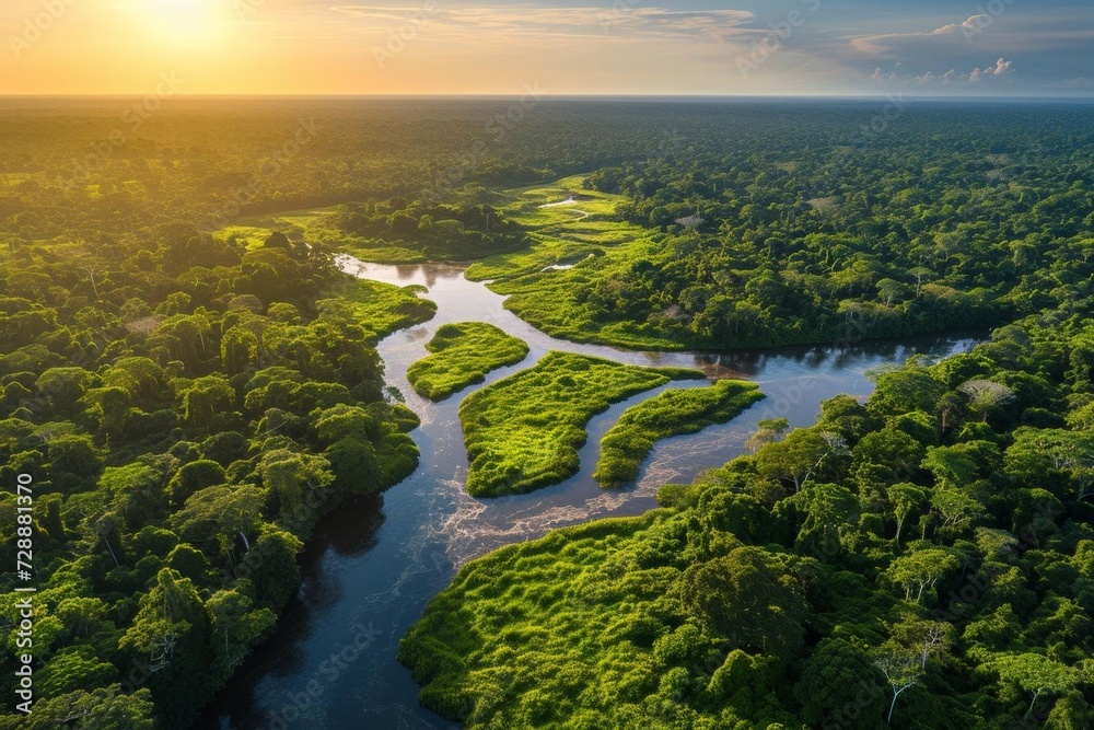 Captivating aerial view of the amazon rainforest at dawn or dusk Showcasing the lush Vibrant landscape and the adventurous spirit of exploration