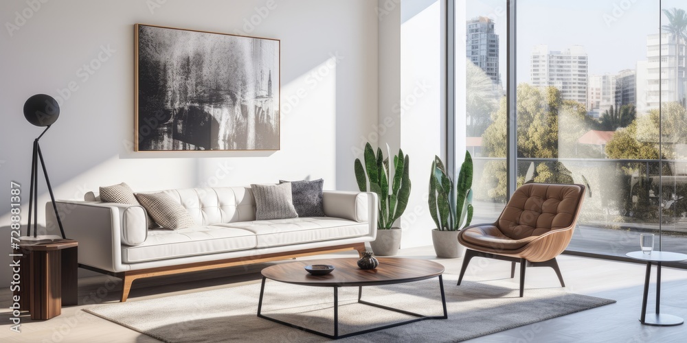 Fototapeta premium Contemporary apartment with white living room, featuring leather sofa, chair, and coffee table near window.