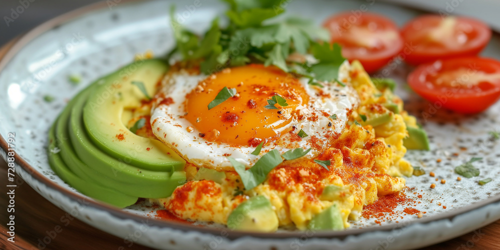 sunny-side up egg with avocado and chili gastro photography about a perfect breakfast for healthy lifestyle