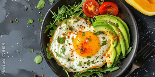 sunny-side up egg with avocado tomato rukkola rocket and chili gastro photography about a perfect breakfast for healthy lifestyle photo