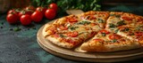 A mouth-watering pizza, topped with gooey cheese and fresh vegetables, sits on a rustic plate, inviting you to indulge in the flavorful world of italian fast food