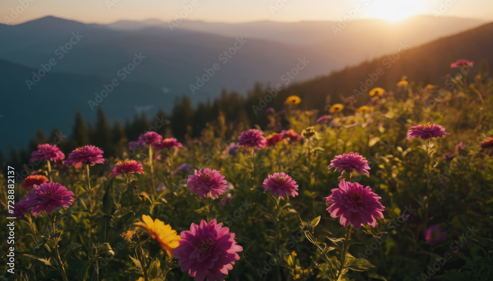 Serene landscape with flowers and mountains during golden hour