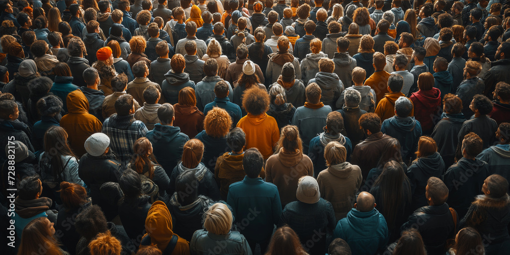 Obraz premium High angle view of a diverse crowd gathered, highlighted by sunlight