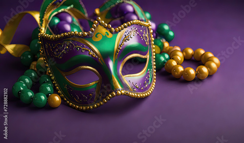 Mardi Gras carnival mask and beads on purple background