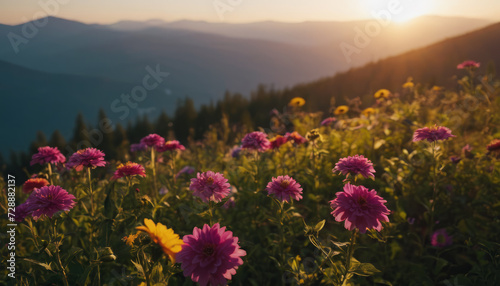 Serene landscape with flowers and mountains during golden hour © Andrey