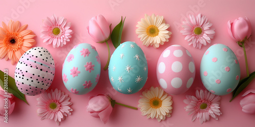 Colorful Easter eggs with black speckles and flowers on a pink backdrop.