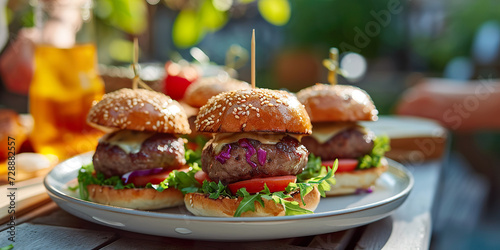 Mini burgers on the plate. Small burgers