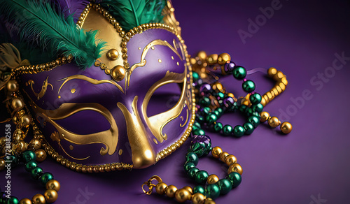 Mardi Gras carnival mask and beads on purple background © Xabi