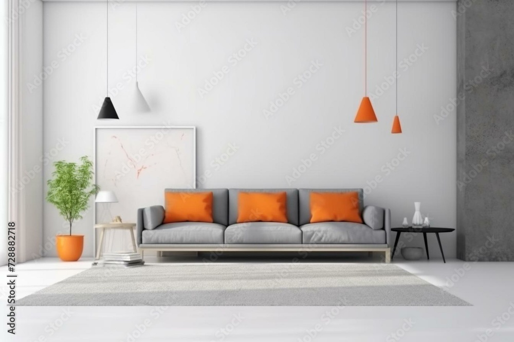 Empty white wall in fashionable living room with grey and orange design. Generative AI - obrazy, fototapety, plakaty 