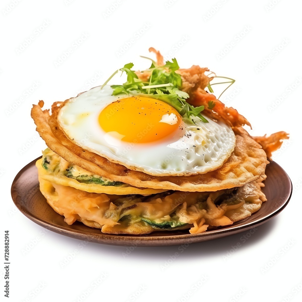 a Crispy fried mussel pancake with egg thai street food style, studio light , isolated on white background