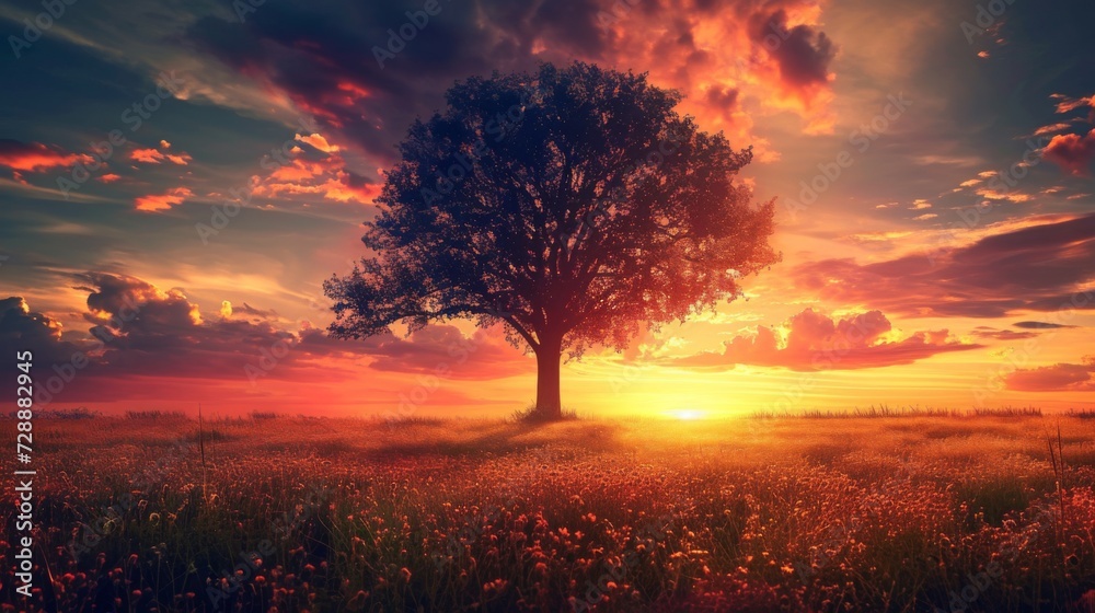 tree landscape with sunset in the background generative ai