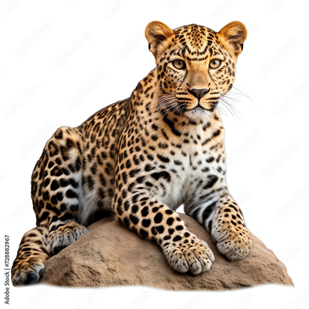 a african leopard resting on the rock, studio light , isolated on white background a african leopard resting on the rock, studio light , isolated on white background