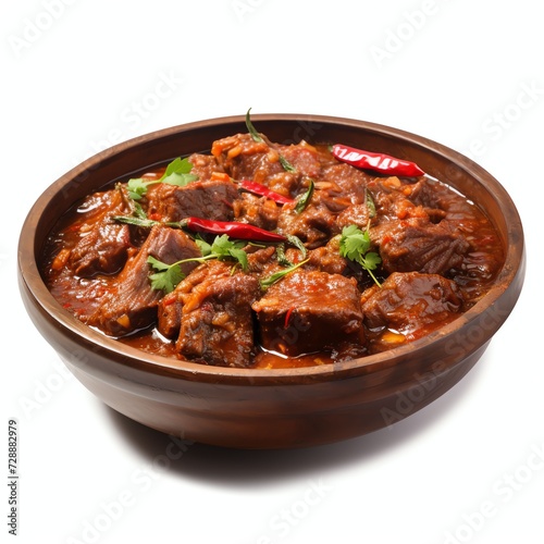 a asam pedas daging is malaysian traditional dish made from beef with sour and spicy sauce, studio light , isolated on white background