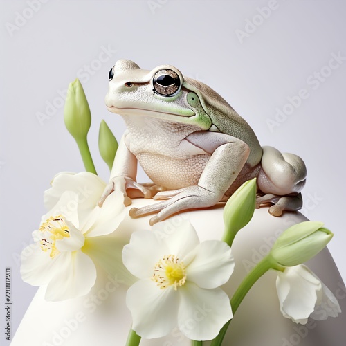 a australian white tree frog sitting on flower, studio light , isolated on white background,